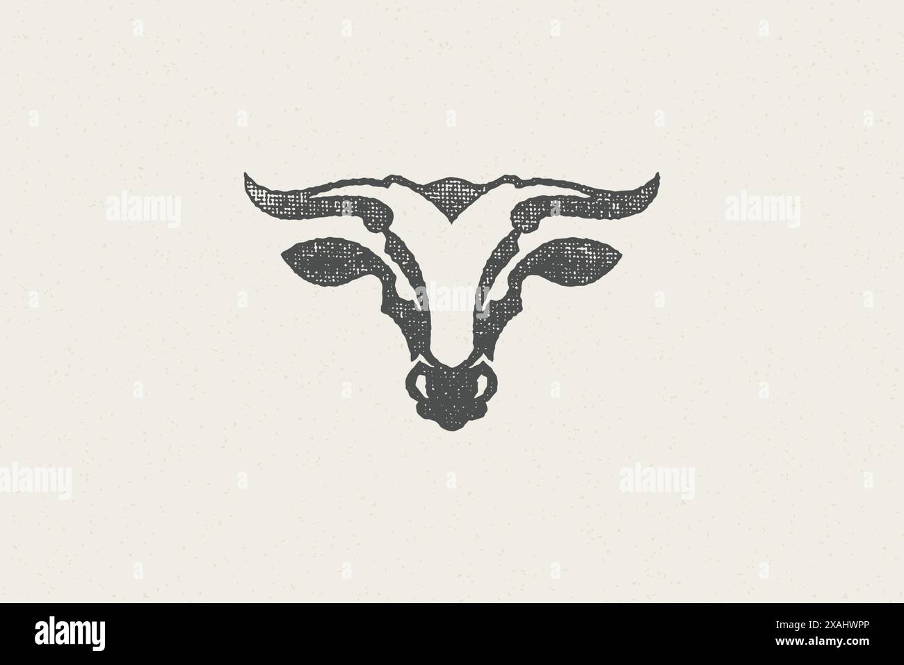 Silhouette de tête de taureau avec de grandes cornes pour l'illustration vectorielle de timbre dessinée à la main de l'industrie de l'élevage. Emblème de texture grunge vintage pour boucherie p Illustration de Vecteur