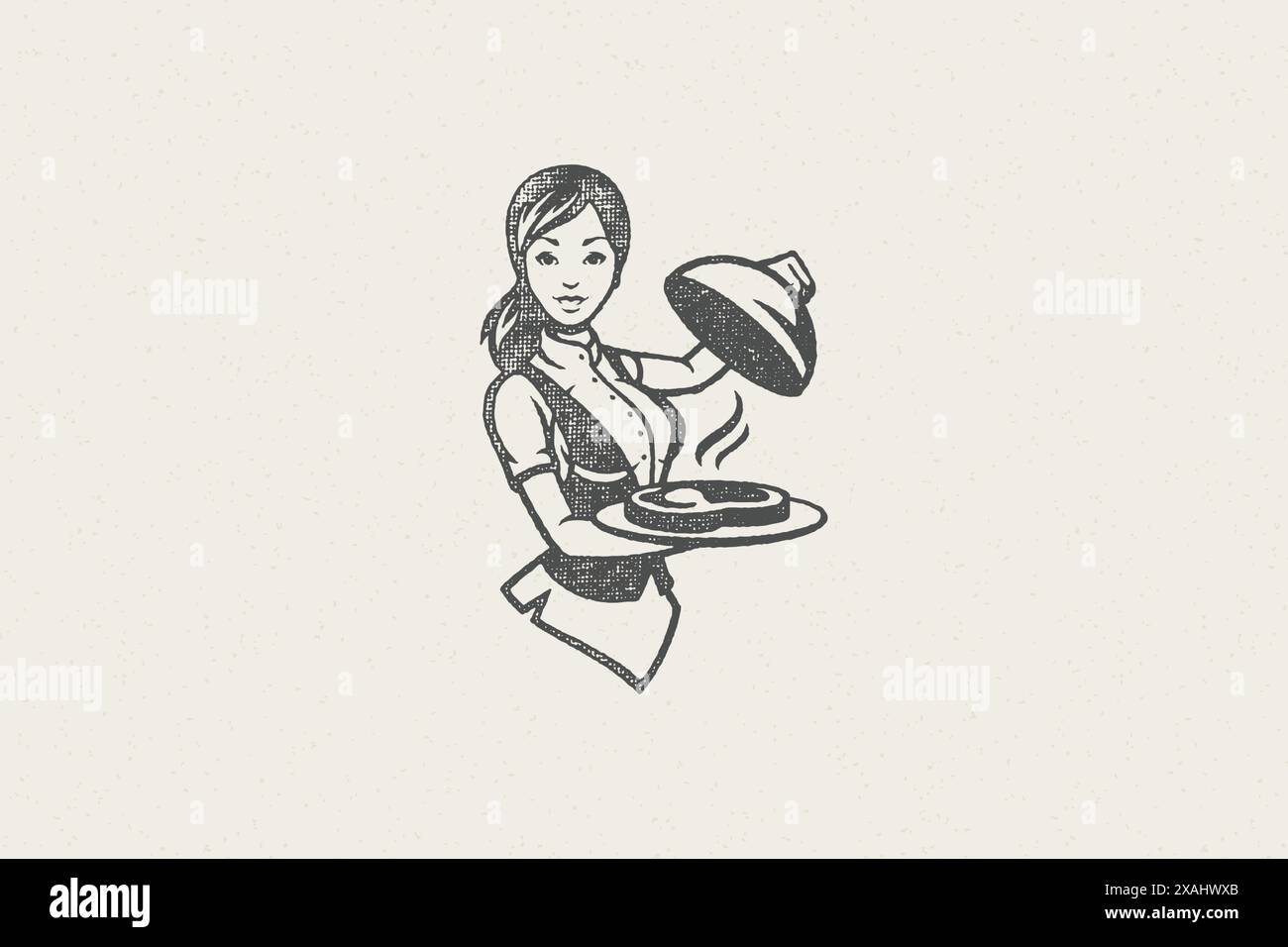 Jeune serveuse tenant cloche sur plateau avec plat chaud aromatique et vapeur pour concept de restauration illustration vectorielle de silhouette dessinée à la main. Vintage grunge t Illustration de Vecteur