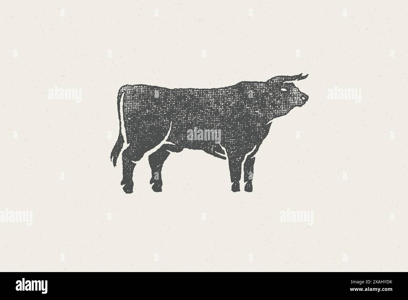 Grande silhouette de taureau pour l'illustration vectorielle d'effet de timbre dessinée à la main de l'industrie agricole domestique. Emblème de texture grunge vintage pour emballage de boucherie et Illustration de Vecteur