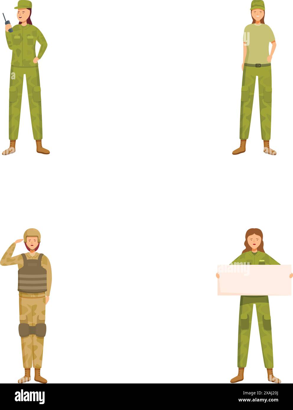 Diverses illustrations du personnel militaire représentant des hommes et des femmes dans divers uniformes de l'armée et des poses dans un style de conception graphique vectorielle moderne, créatif et modifiable Illustration de Vecteur