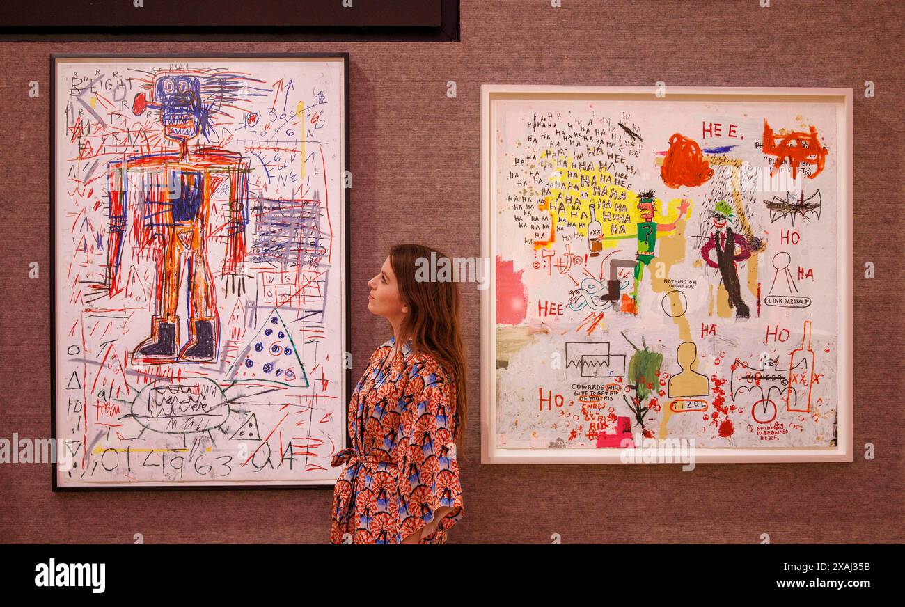 Londres, Royaume-Uni 7 juin 2024 d'après Jean-Michel Basquiat, américain, 1960-1988) Untitled II, from the figure Portfolio (à gauche) £20,000-30,000 et d'après Jean-Michel Basquiat, (américain, 1960-1988) Riddle me This, Batman, from Superhero Portfolio £35,000-£45 000 Cult Artists les Connor Brothers se sont associés à Bonhams pour présenter tout sauf ordinaire, une vente aux enchères célébrant toutes choses extraordinaires le 12 juin à Bonhams New Bond Street, Londres. Une partie de la vente aux enchères aura lieu en faveur du Teenage cancer Trust, avec un événement spécial qui aura lieu à Bonhams New Bond Street en juin avec un invité Banque D'Images