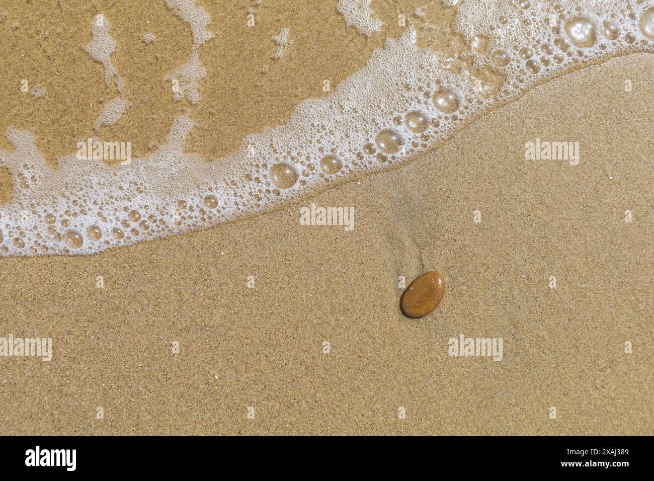 gros plan photo plate d'une surface de plage de sable humide avec marée et petite pierre brune Banque D'Images