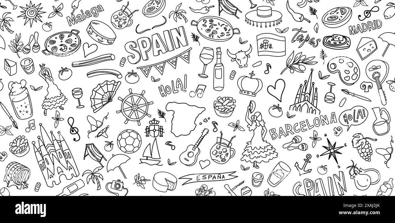 Espagne voyage Doodle Line Art illustration. Illustration de clip vectoriel dessinée à la main. Logos de l'ensemble de bannières de fond Illustration de Vecteur