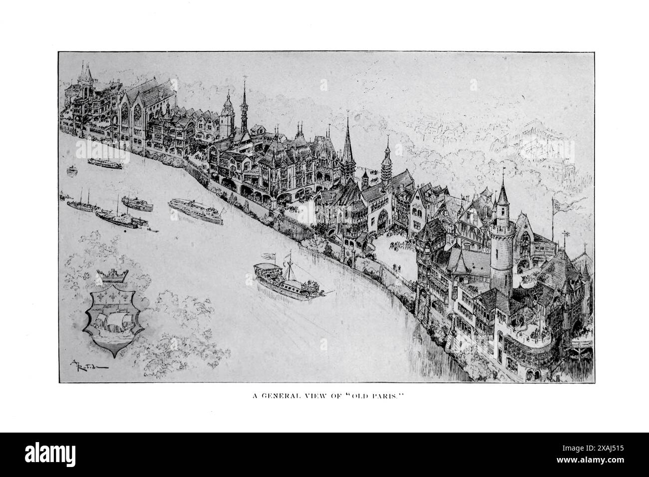 Une vue générale de la Seine et du Vieux Paris à partir de l'article LES BÂTIMENTS DE L'EXPOSITION PARISIENNE DE 1900.— partie II de Jacques Boyer. Tiré de l'Engineering Magazine consacré au progrès industriel volume XVII 1899 The Engineering Magazine Co Banque D'Images