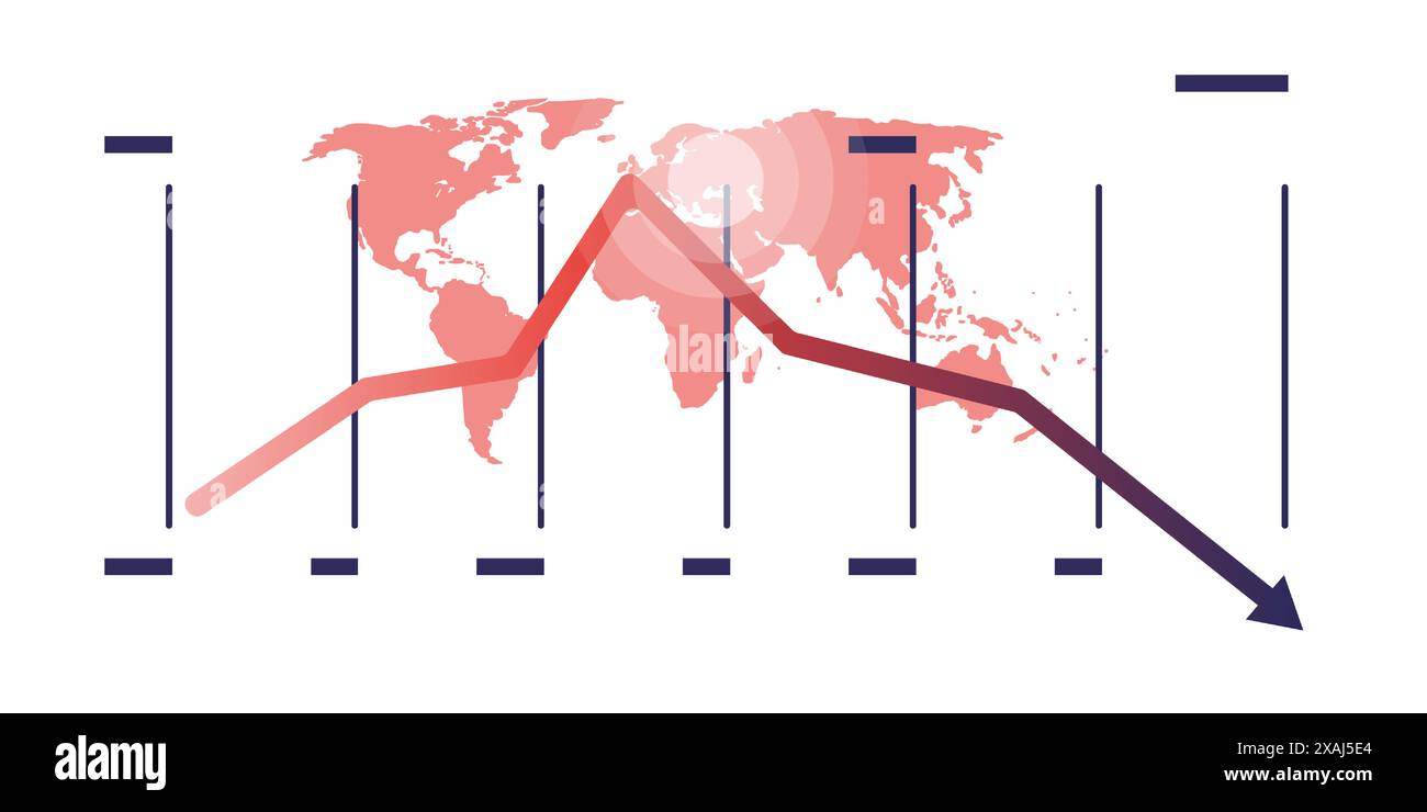 Baisse économique mondiale chute due à la guerre, l'inflation et la crise énergétique - concept de conception avec la carte rouge du monde, graphique, graphique avec des périodes de temps, montrant la chute, S. Illustration de Vecteur