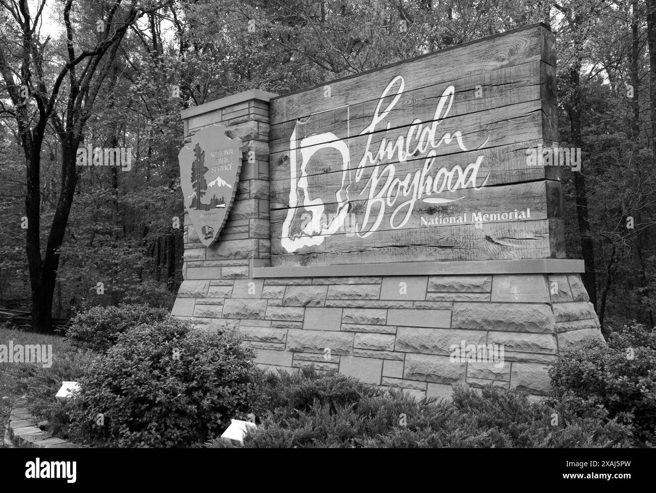 Panneau d'entrée au Lincoln Boyhood National Memorial, Lincoln City, Indiana, États-Unis. Banque D'Images