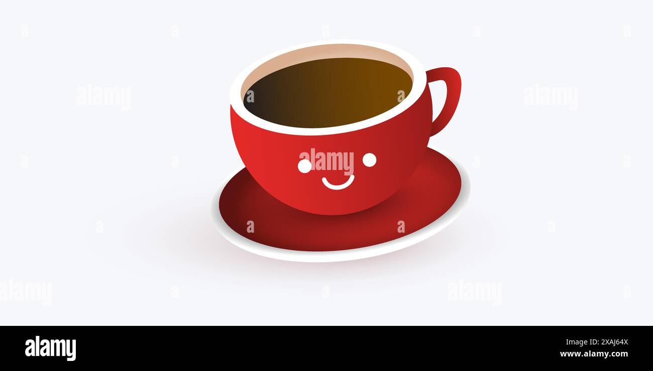 Tasse rouge pleine de café brun avec visage souriant mignon sur elle - modèle de conception sur fond clair à grande échelle - illustration vectorielle Illustration de Vecteur