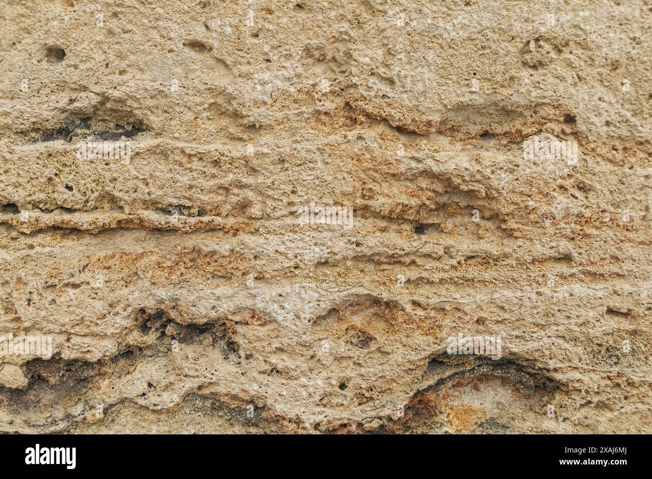photographie à plat en gros plan d'une surface de grès jaune beige, ancien fond texturé de roche de sable rugueux Banque D'Images