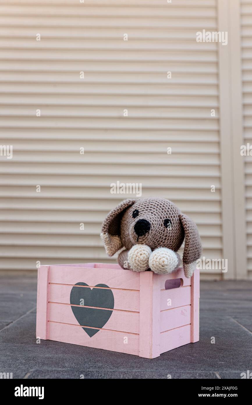 Chiot tricoté dans une boîte rose en bois avec un coeur dessus. Chien jouet crocheté mignon avec sa tête sur ses pattes regardant avec tristesse. Adoptez le concept de ne pas magasiner Banque D'Images
