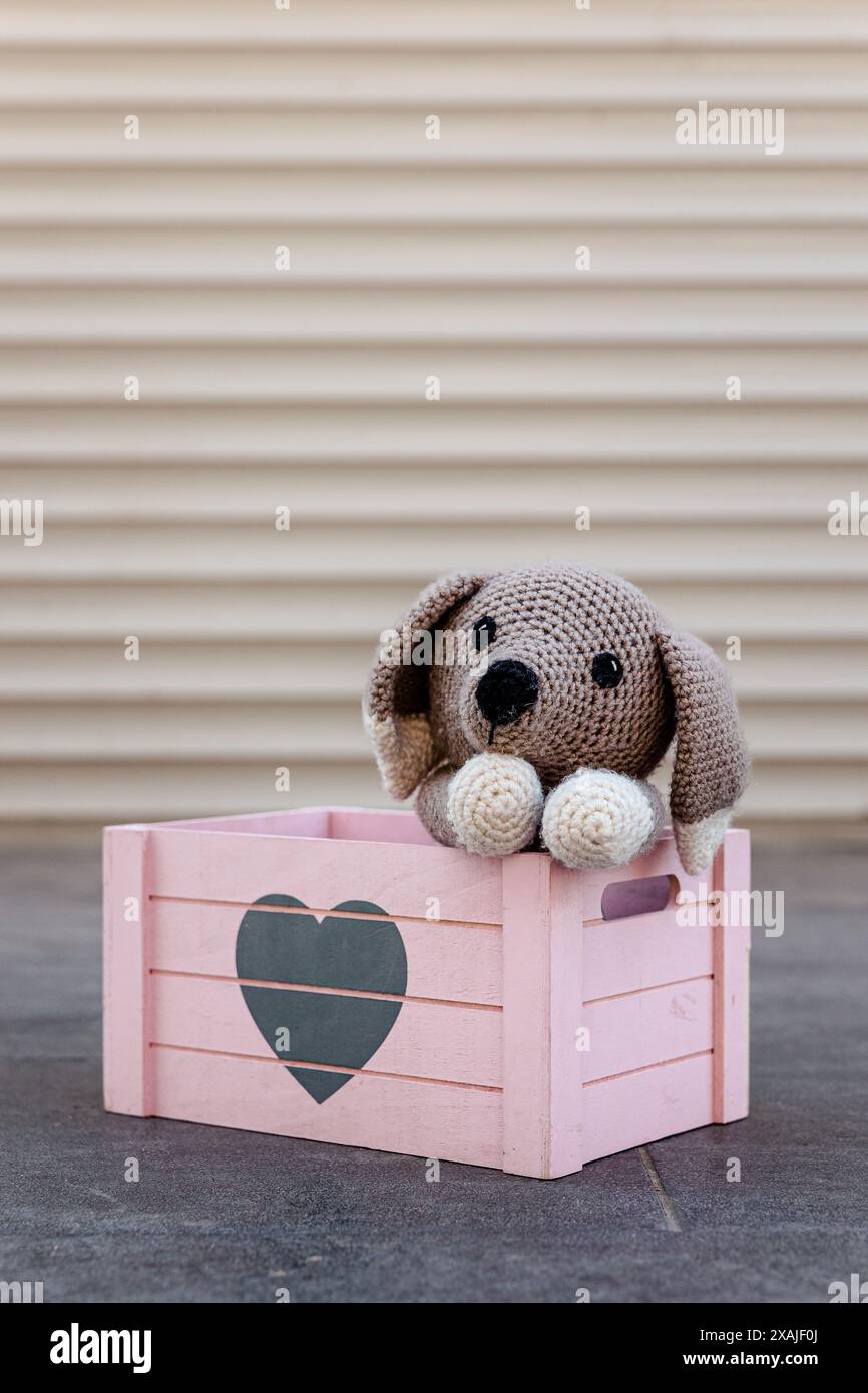 Chiot tricoté dans une boîte rose en bois avec un coeur dessus. Chien jouet crocheté mignon avec sa tête sur ses pattes regardant avec tristesse. Adoptez le concept de ne pas magasiner Banque D'Images