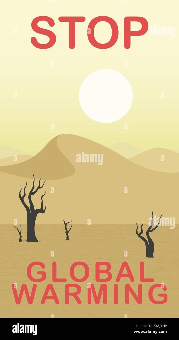 Réchauffement climatique, illustration verticale de la journée mondiale de l'environnement. Bannière Journée de la Terre, lutte contre la désertification et la sécheresse. Paysage désertique et illus d'arbres secs Illustration de Vecteur