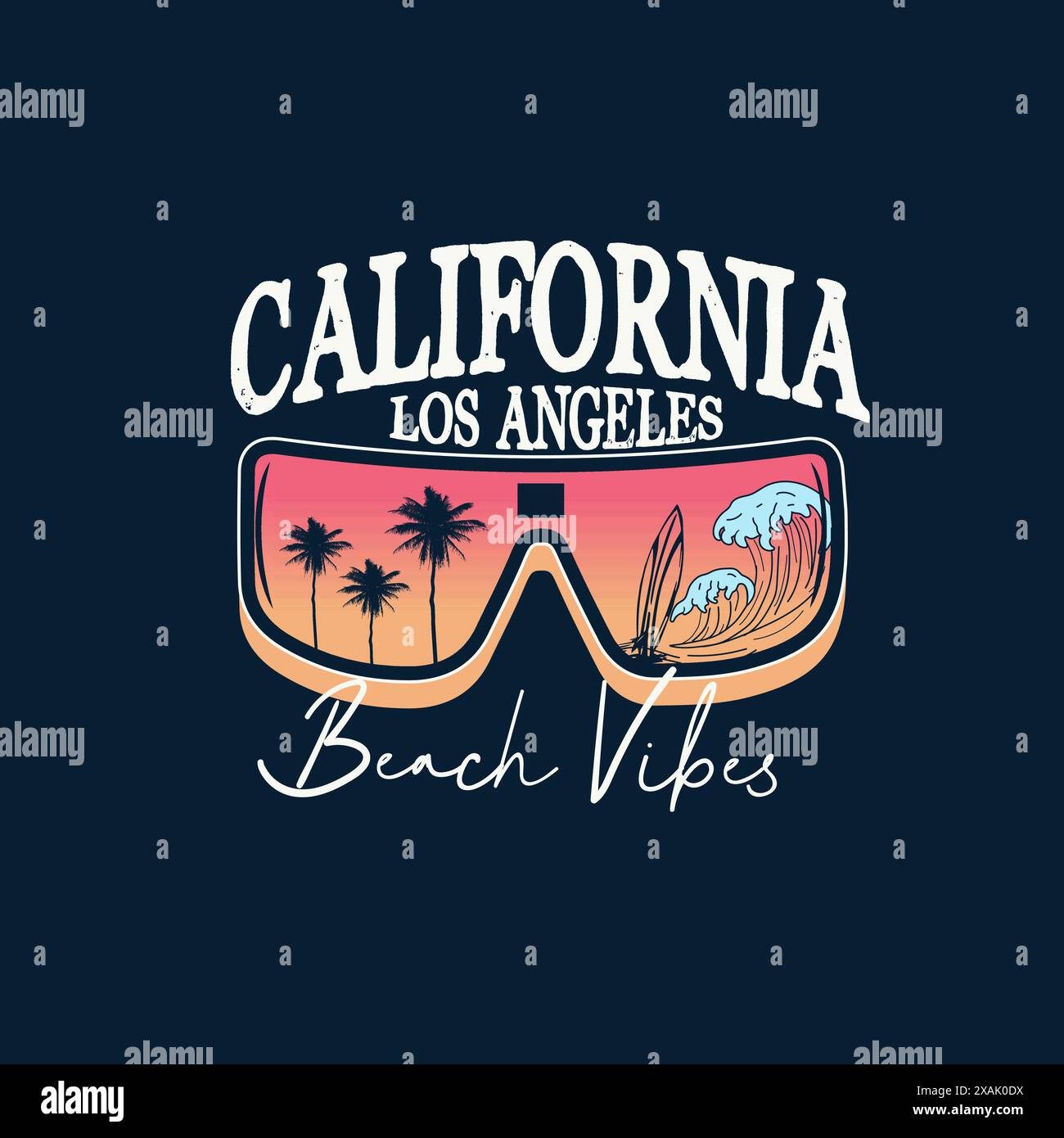 California los angeles Beach vibes typographie coloré lunettes de soleil d'été graphique tee-shirt Illustration de Vecteur