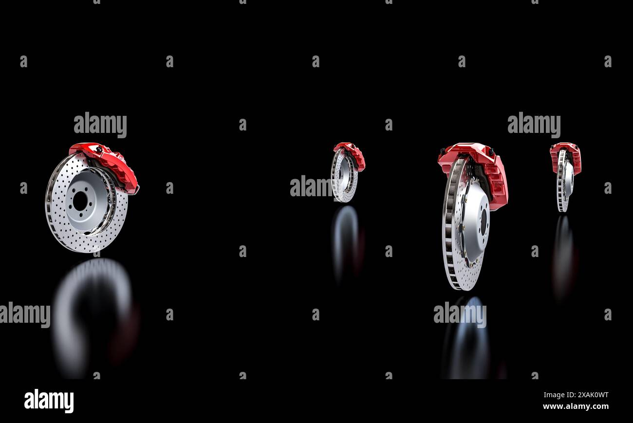 3d rendant l'étrier de frein rouge argent frein à disque de voiture fond noir Banque D'Images