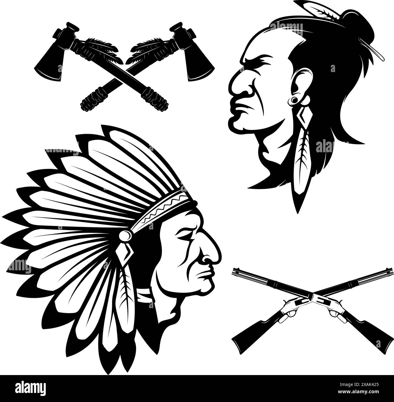 Ensemble de chefs indigènes américains. Coiffe et arme des indiens d'Amérique. Croisés tomahawks. Éléments de conception pour logo, étiquette, emblème, signe, badge, b Illustration de Vecteur