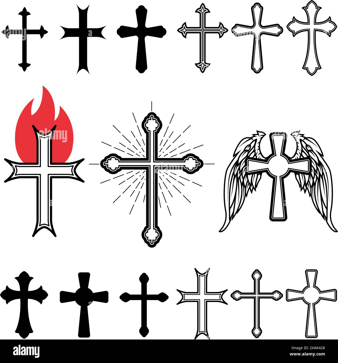 Ensemble de croix différentes. Croix avec les rayons du soleil. Traverser avec le feu. Croix ailée. Modèles d'emblème d'église. Élément de conception dans le vecteur. Illustration de Vecteur