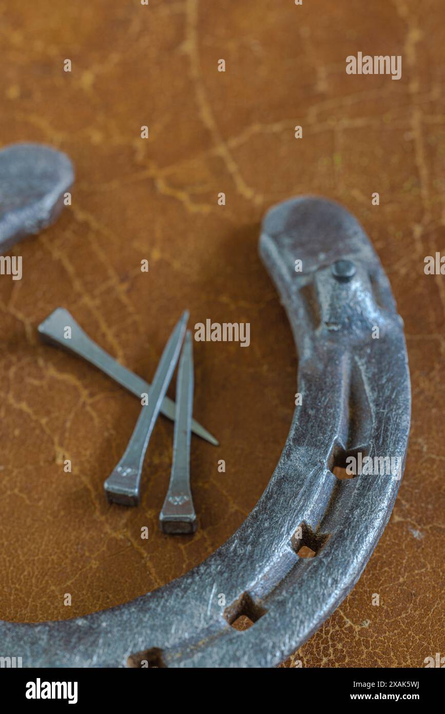 Vieux fer à cheval comme décoration, symbole de chance sur un fond rouillé Banque D'Images