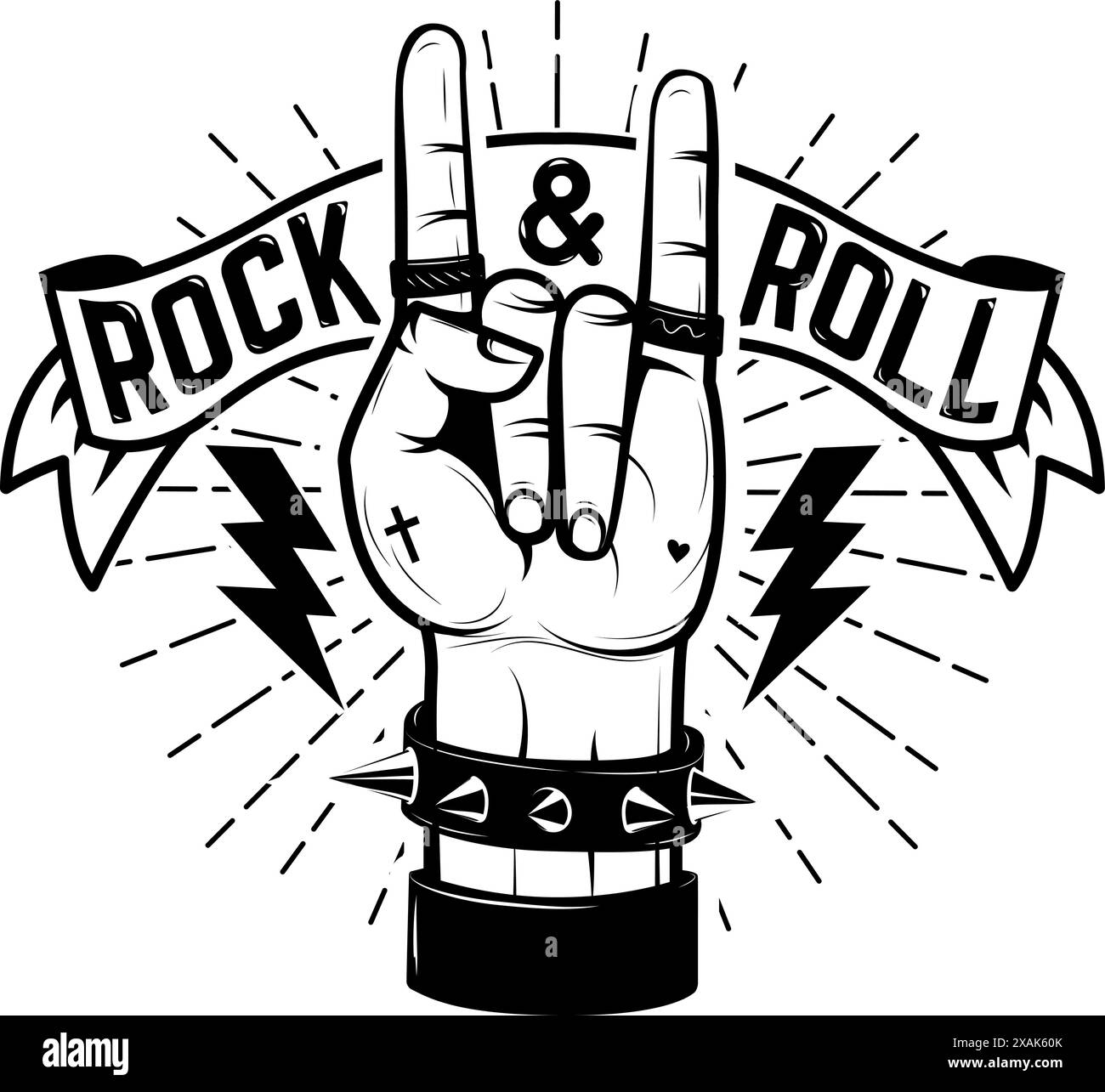 Panneau Rock and roll. Main humaine avec signe de métal lourd. Modèle d'affiche Rock and roll. Illustration vectorielle. Illustration de Vecteur