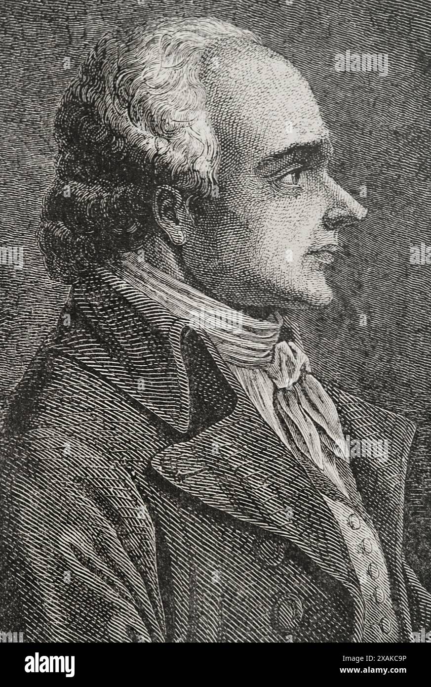 Jean-Denis Lanjuinais (1753-1827) Homme politique, avocat, juriste, journaliste et historien français. Élu à la Convention nationale en septembre 1792. Il appartenait au club breton, dirigeant constamment des attaques sur la montagne. Portrait. Gravure de Rambert. Portrait. Gravure de Rambert. "Histoire de la Révolution française". Volume I, 1876. Banque D'Images