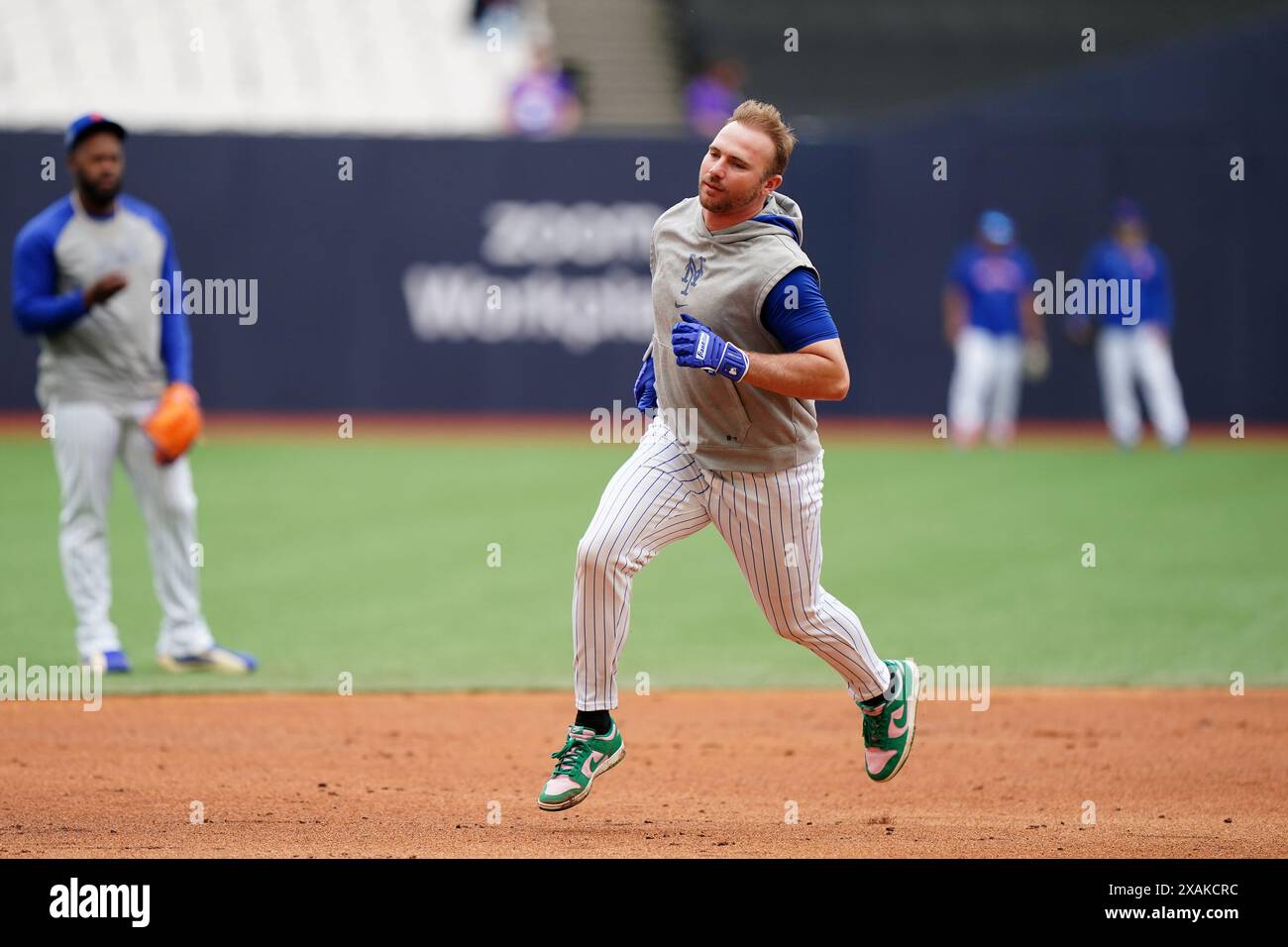 Pete Alonso des mets de New York lors d'une journée d'entraînement avant le match de la MLB London Series au London Stadium, à Londres. Date de la photo : vendredi 7 juin 2024. Banque D'Images