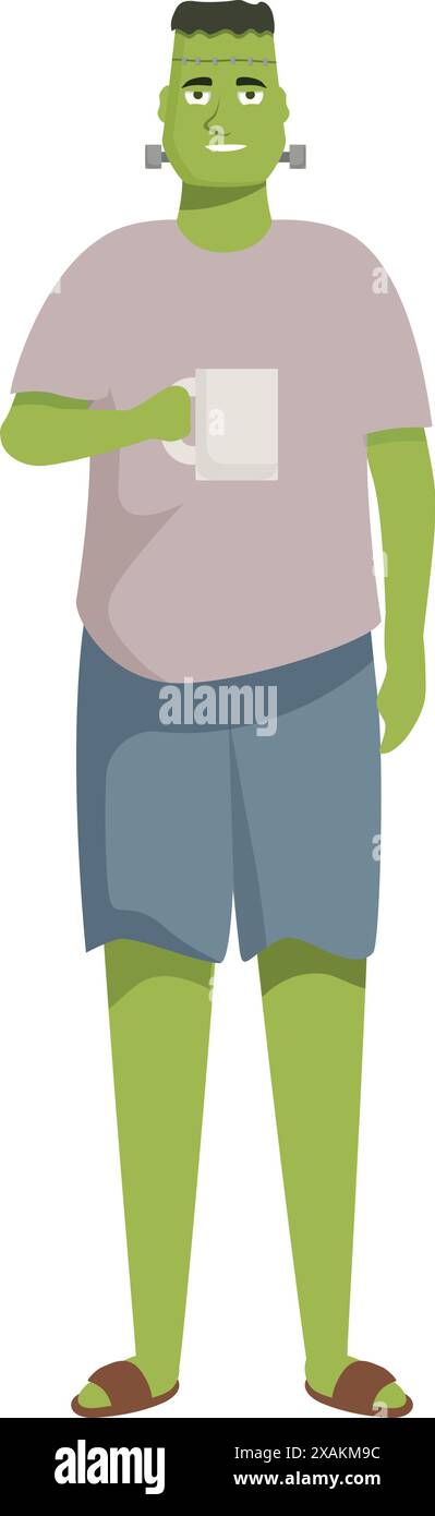 Monstre vert frankenstein tenant une tasse blanche et souriant Illustration de Vecteur