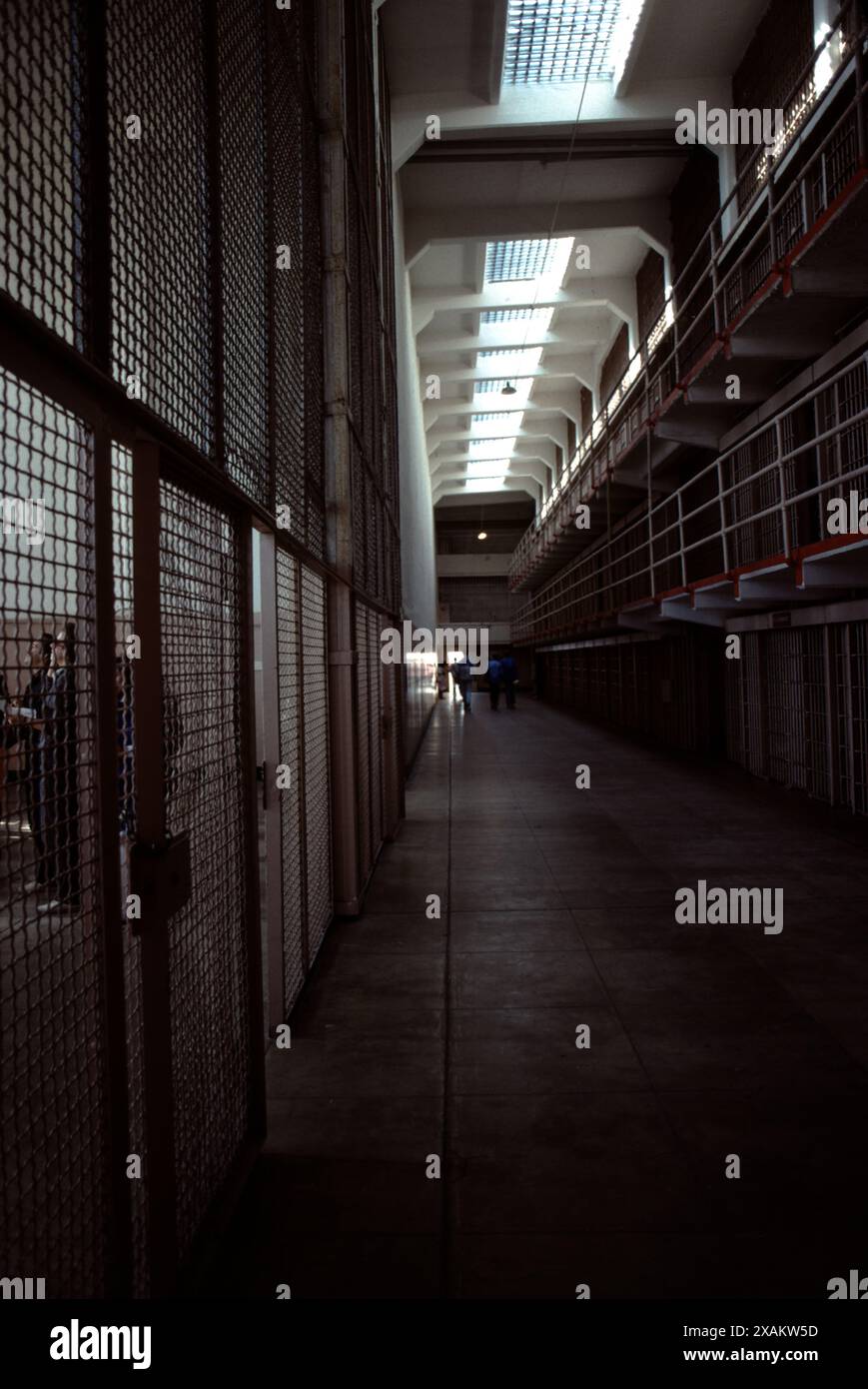 L'île d'Alcatraz (/ˈælkəˌtræz/) est une petite île située à 1,25 milles (2,01 km) au large de San Francisco, Californie, États-Unis. L'île a été développée au milieu du XIXe siècle avec des installations pour un phare, une fortification militaire et une prison militaire. En 1934, l'île a été convertie en prison fédérale, le pénitencier fédéral d'Alcatraz. La prison a fermé en 1963, et l'île est maintenant une attraction touristique majeure. Aujourd'hui, les installations de l'île sont gérées par le National Park Service dans le cadre de Golden Gate National Recreation Area. Les visiteurs peuvent rejoindre l'île en ferry. Banque D'Images