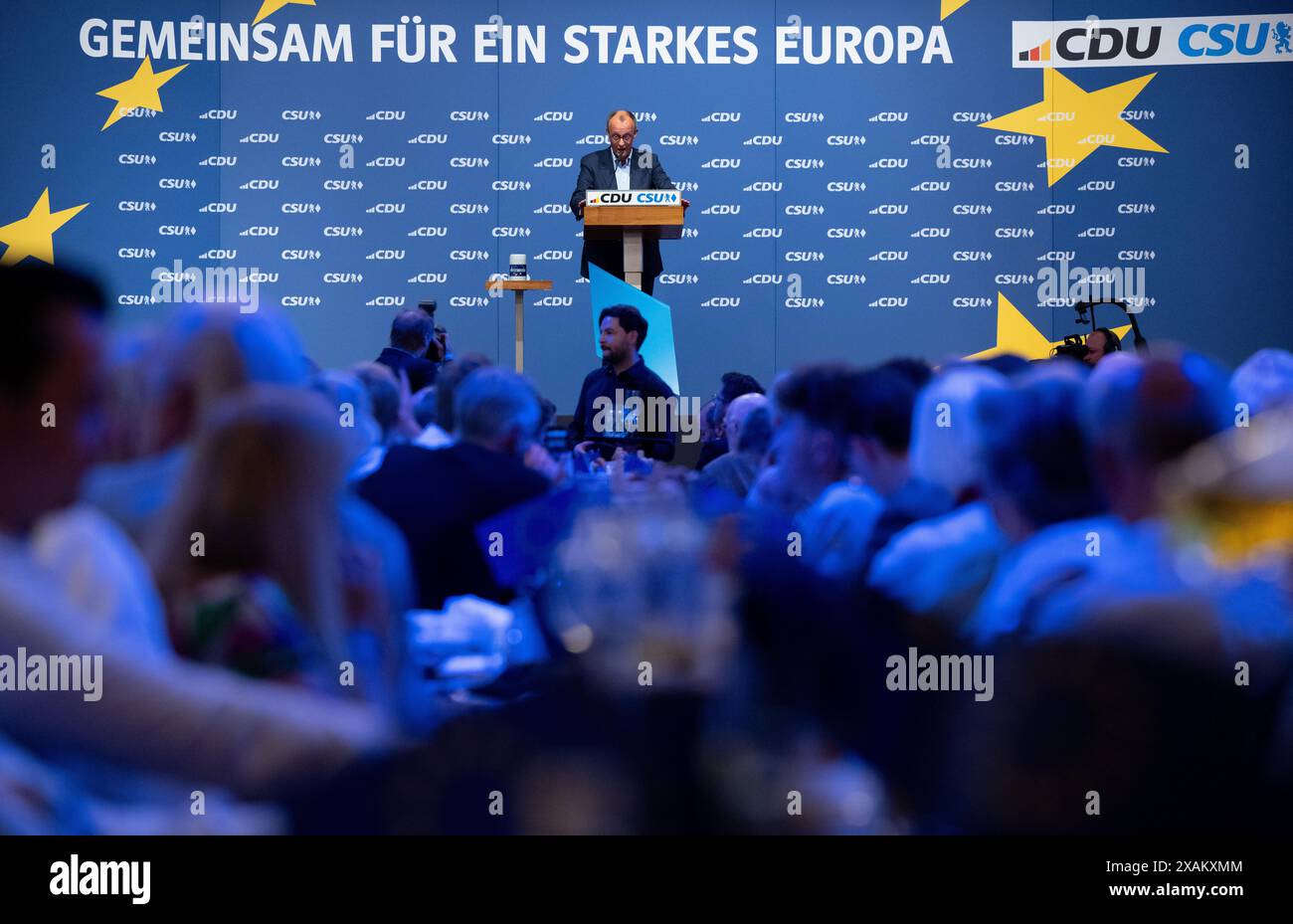 Munich, Allemagne. 07 juin 2024. Friedrich Merz, président fédéral de la CDU, participe au rassemblement final de la CDU et de la CSU pour les élections européennes au Löwenbräukeller. Crédit : Sven Hoppe/dpa/Alamy Live News Banque D'Images