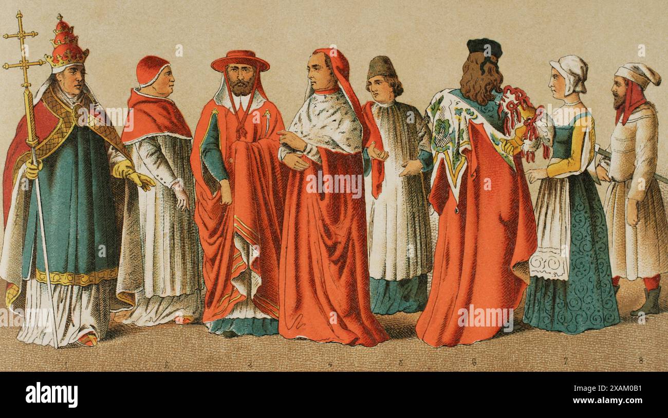 Histoire de l'Italie. 1400. De gauche à droite, 1 : Pape Boniface IX, 3-4 : cardinaux, 5 : chanoine, 6 : noble vénitien, 7 : femme bourgeoise, 8 : agriculteur. Chromolithographie. Historia Universal, de Cesar Cantu. Volume VI, 1885. Banque D'Images