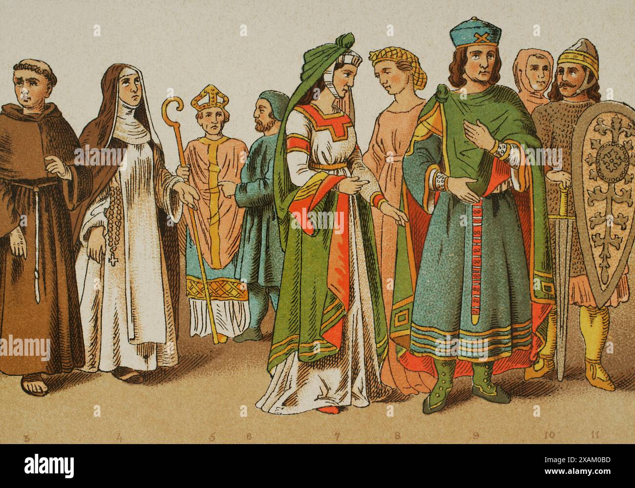 Histoire de l'Italie. 1200. De gauche à droite, 3 : franciscains, 4 : dominicains, 5 : Cardinal Legat, 6 : évêque en robe de voyage, 7 : dame vénitienne, 8 : dame italienne, 9 : chevalier vénitien, 10 : robe ordinaire, 11 : guerrier. Chromolithographie. Historia Universal, de Cesar Cantu. Volume VI, 1885. Banque D'Images