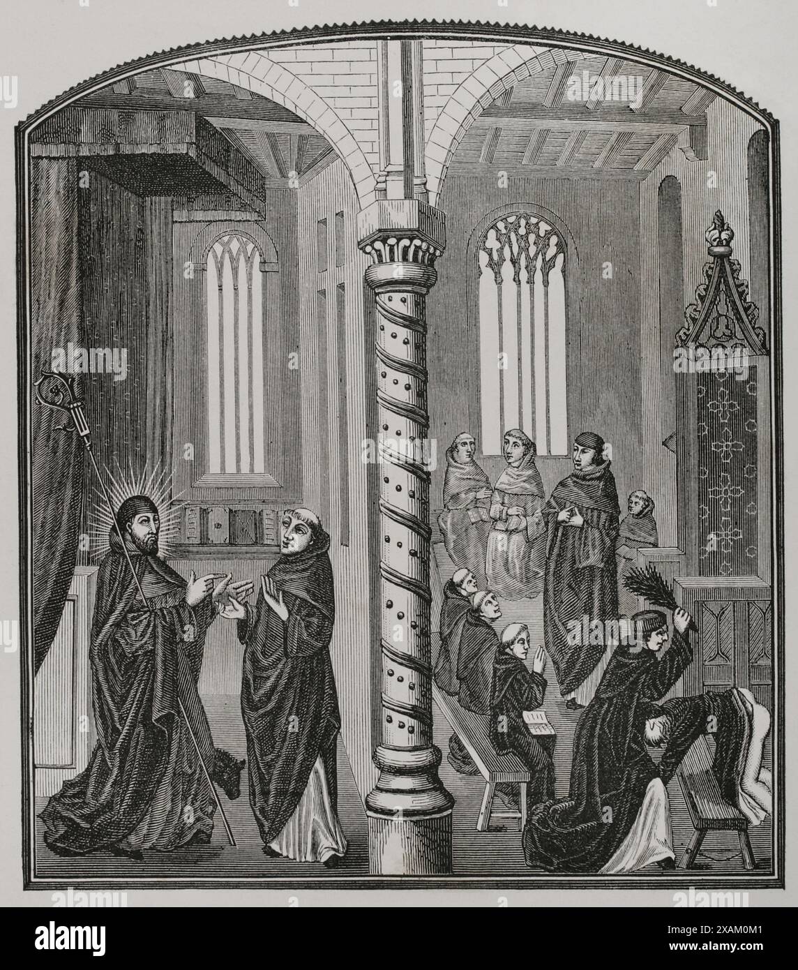 École de moines mendiants. Punition des tiges. Gravure d'après une miniature du XVe siècle. Sciences & lettres au moyen Age et a l'epoque de la Renaissance. Paris, 1877. Banque D'Images