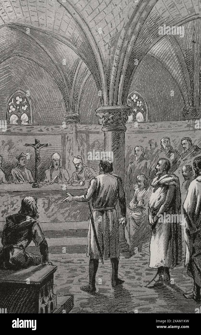VII Concile de Tarragone, 1312. Elle était présidée par Guillem de Rocaberti, archevêque de Tarragone (1309-1315). Session du conseil au cours de laquelle les Chevaliers Templiers de la Couronne d'Aragon ont été jugés. Le 7 juillet 1312, ils sont déclarés innocents et leurs biens sont devenus la propriété des Chevaliers hospitaliers, à l'exception de celui du Temple de Valence, où l'ordre de Montesa a été créé. Gravure. 'Glorias Espanolas' (Glories d'Espagne). Volume II. publié à Barcelone, 1890. Banque D'Images