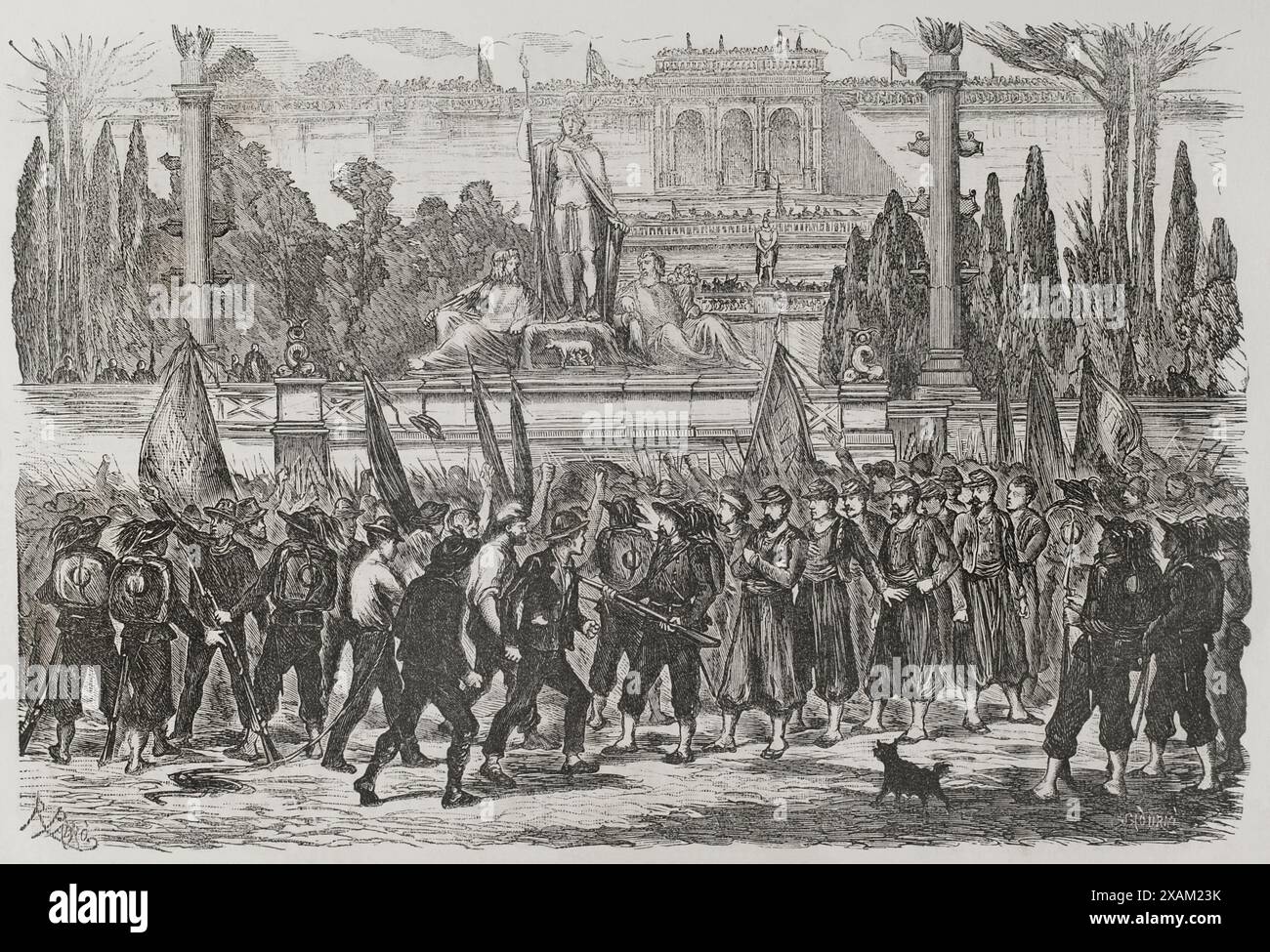 Unification de l'Italie. Capture de Rome. Occupation de Rome par les troupes du Royaume d'Italie dirigées par le général Raffaele Cadorna le 20 septembre 1870. Les troupes italiennes prennent possession de la Piazza del Popolo, empêchant les gens ordinaires attaquant les Zouaves pontificaux faits prisonniers. Dessin de R. Padro. Gravure de Sadurni. Historia de la Guerra de Francia y Prusia (histoire de la guerre entre la France et la Prusse). Volume II. publié à Barcelone, 1871. Banque D'Images