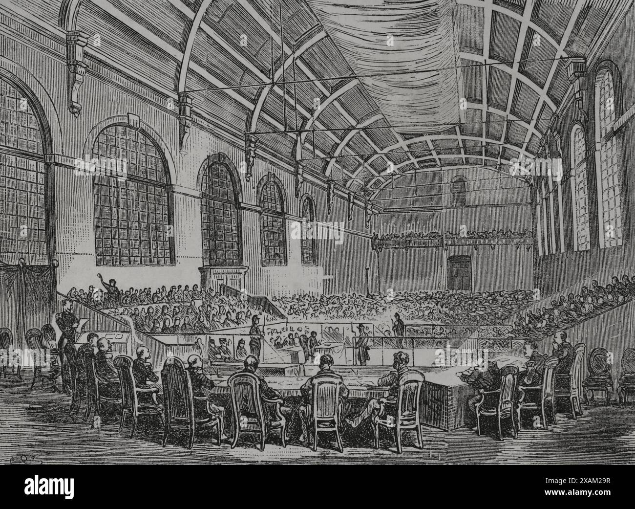 France. Commune de Paris. Mouvement populaire révolutionnaire qui prit le pouvoir à Paris du 18 mars au 28 mai 1871, à la suite de la guerre franco-prussienne. Procès de la commune de Paris. Procès devant la cour martiale de Versailles contre les chefs de l'insurrection parisienne. Salle de session du troisième conseil de guerre à Versailles. 6 août 1871. Gravure. Historia de la Guerra de Francia y Prusia (histoire de la guerre entre la France et la Prusse). Volume II. Publié à Barcelone, 1871. Banque D'Images