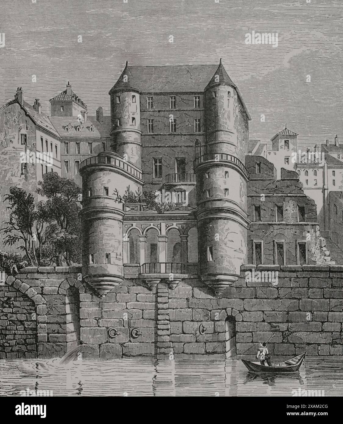 Paris, France. Hôtel des Ursins. Construit au XIVe siècle. Il a été restauré au XVIe siècle. Vue de la façade nord à la fin du XVIIIe siècle. Gravure. « Moeurs, usages et costumes au moyen-age et a l'epoque de la Renaissance », de Paul Lacroix. Paris, 1878. Banque D'Images