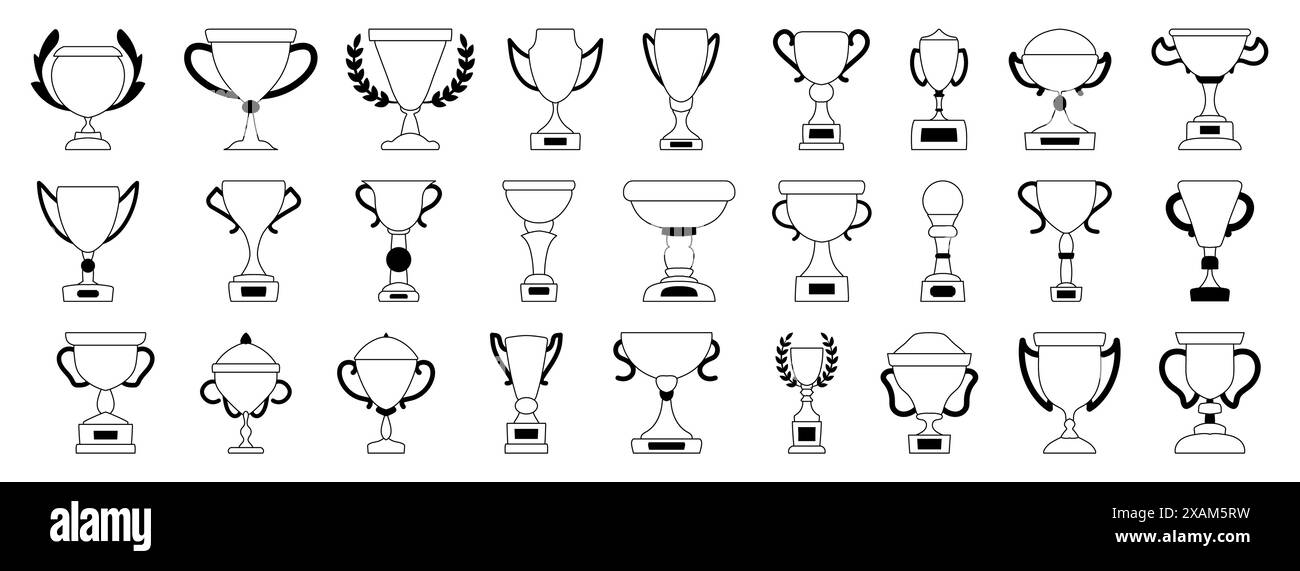Illustrations en noir et blanc de différents designs de trophées, idéales pour les récompenses, les réalisations et les thèmes de reconnaissance. Illustration de Vecteur