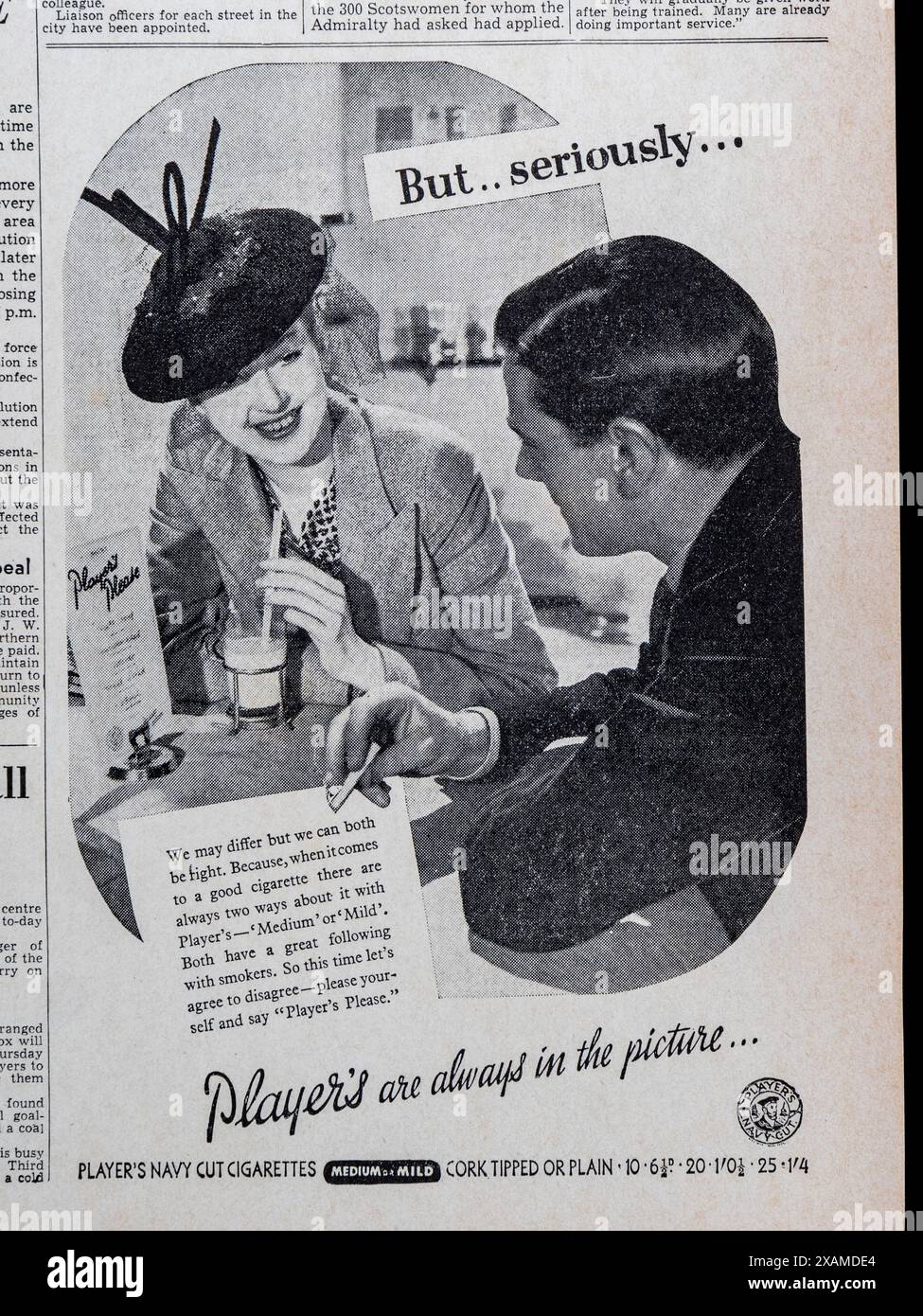 Publicité pour les cigarettes de joueur dans le Daily mail (réplique) 13 septembre 1939, au début de la seconde Guerre mondiale. Banque D'Images