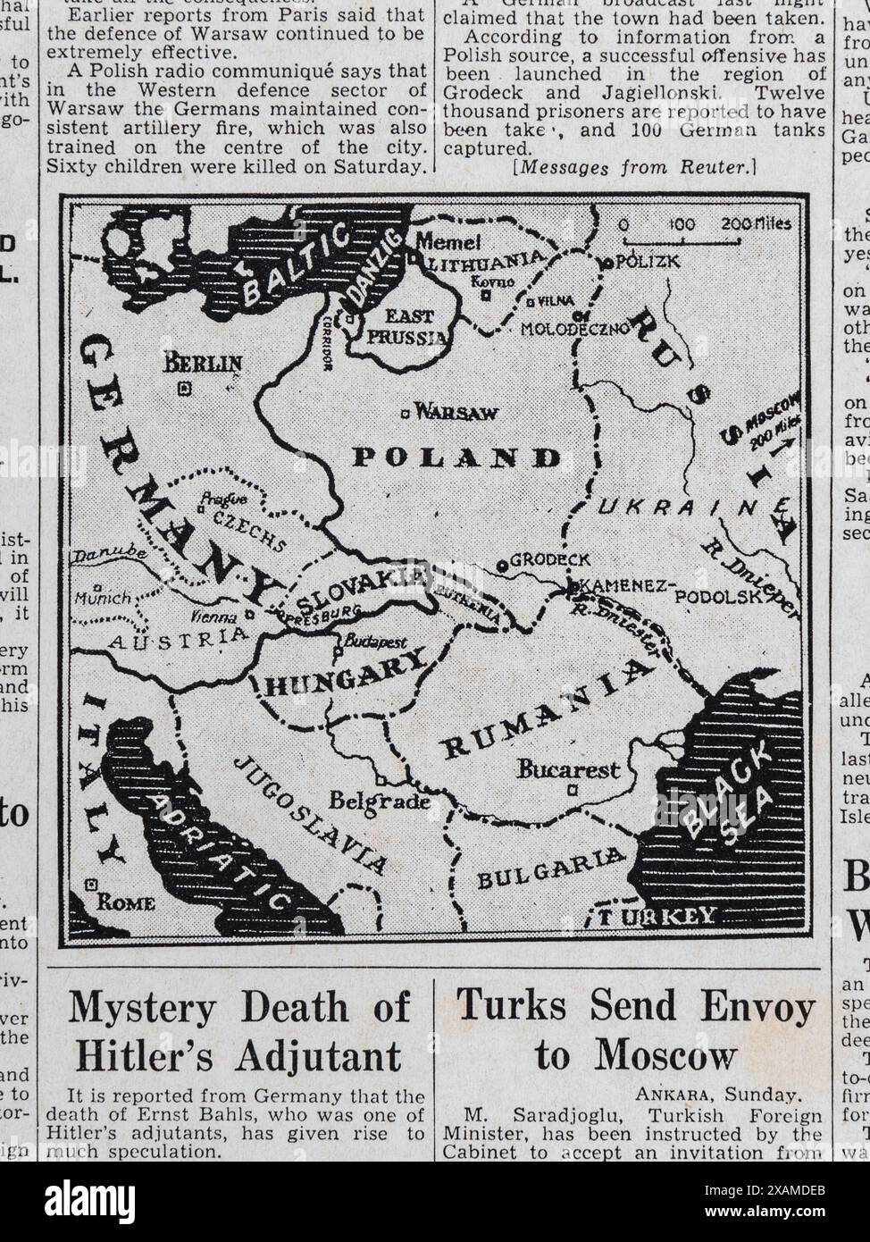 Carte de l'Europe centrale titre et article dans le Daily mail (réplique) le 18 septembre 1939, au début de la seconde Guerre mondiale. Banque D'Images