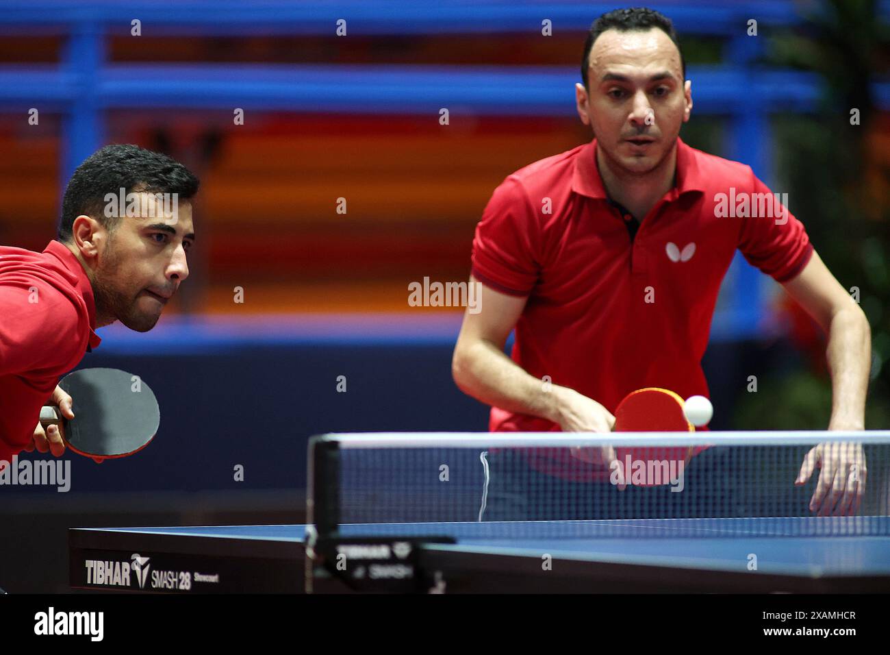 Zagreb, Croatie. 07 juin 2024. Mohamed El-Beiali et Youssef Abdel-Aziz affrontent les aginstes Siu Hang Lam et Kwan Kit Ho lors du match de la ronde des 4 doubles masculins du concurrent mondial de tennis de table Zagreb 2024. Le 7 juin 2024 à Zagreb, Croatie. Photo : Goran Stanzl/PIXSELL crédit : Pixsell/Alamy Live News Banque D'Images