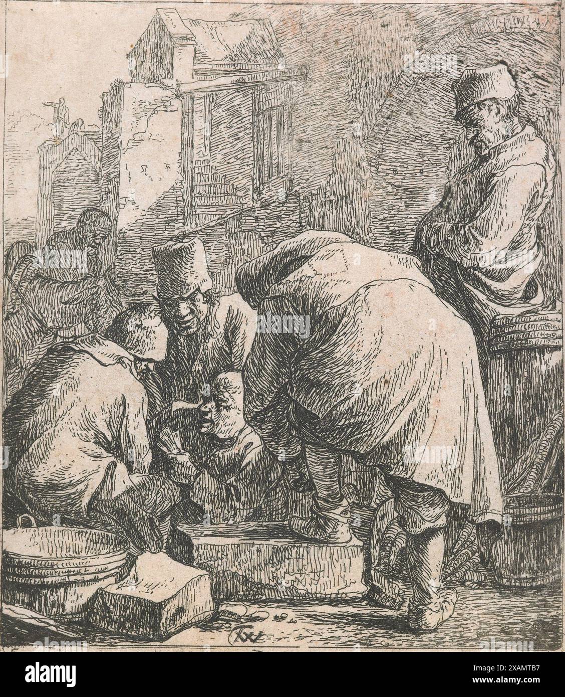 Homme ajustant ses chaussures, 1631-1677. Banque D'Images