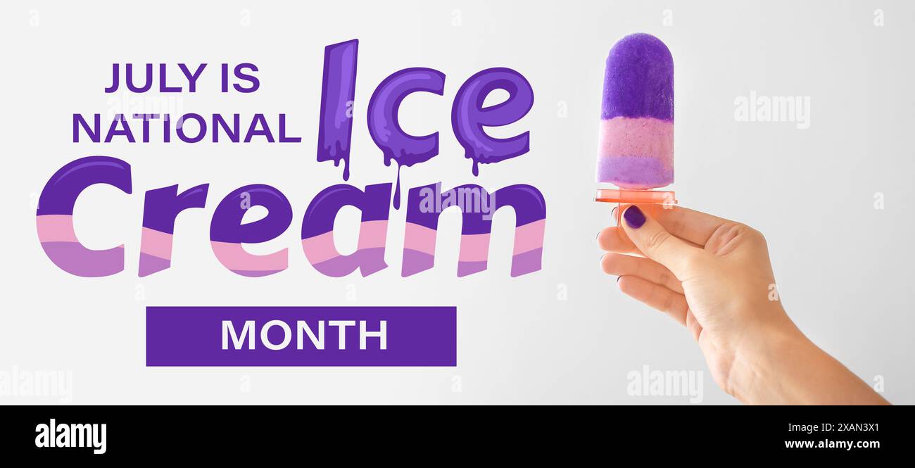 Bannière pour le mois de la crème glacée avec la main tenant savoureux popsicle Banque D'Images