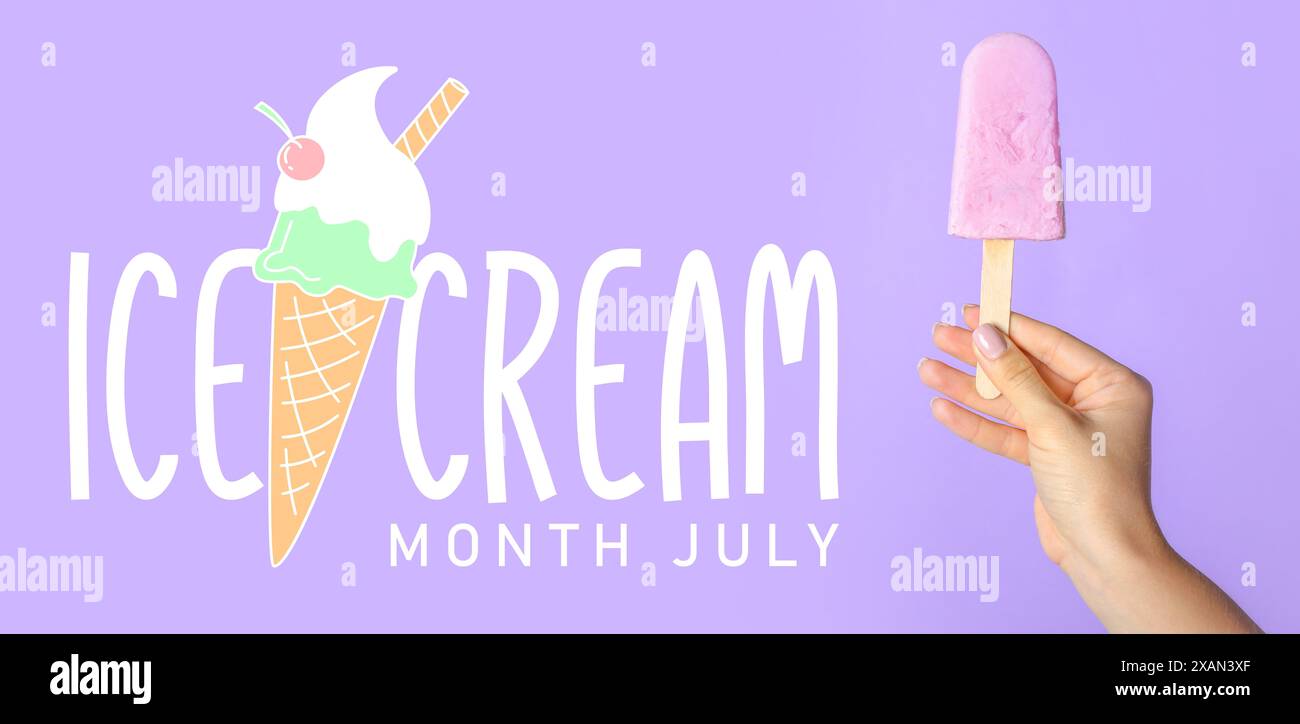 Bannière pour le mois de la crème glacée avec la main tenant savoureux popsicle Banque D'Images