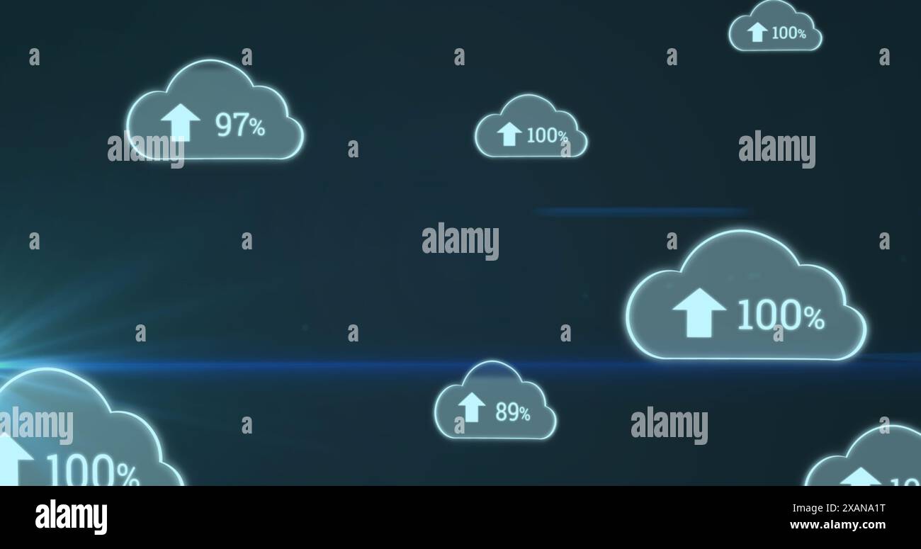 Plusieurs icônes de nuage avec un pourcentage croissant flottant contre un point de lumière sur fond bleu Banque D'Images