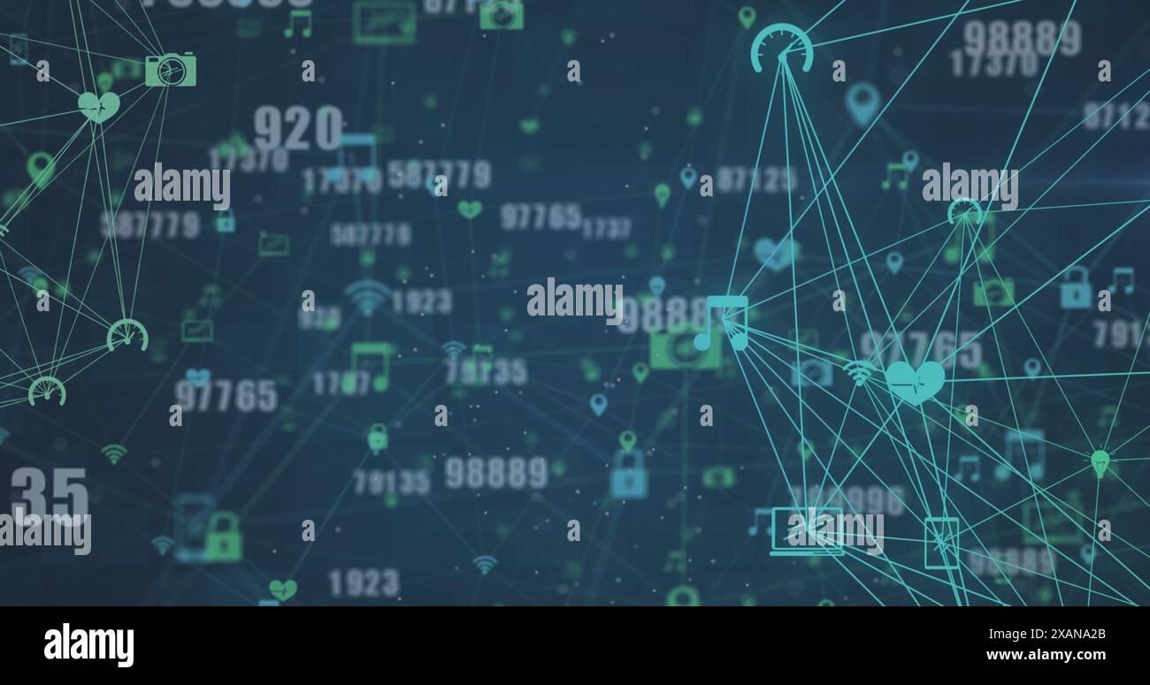 Image de chiffres et d'icônes de médias sur fond bleu Banque D'Images