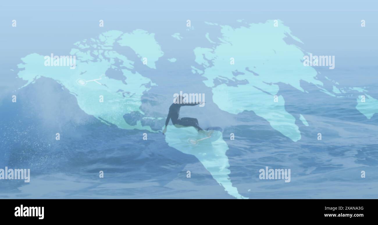 Image de la carte du monde et des connexions sur le surfeur masculin caucasien surfant sur les vagues Banque D'Images