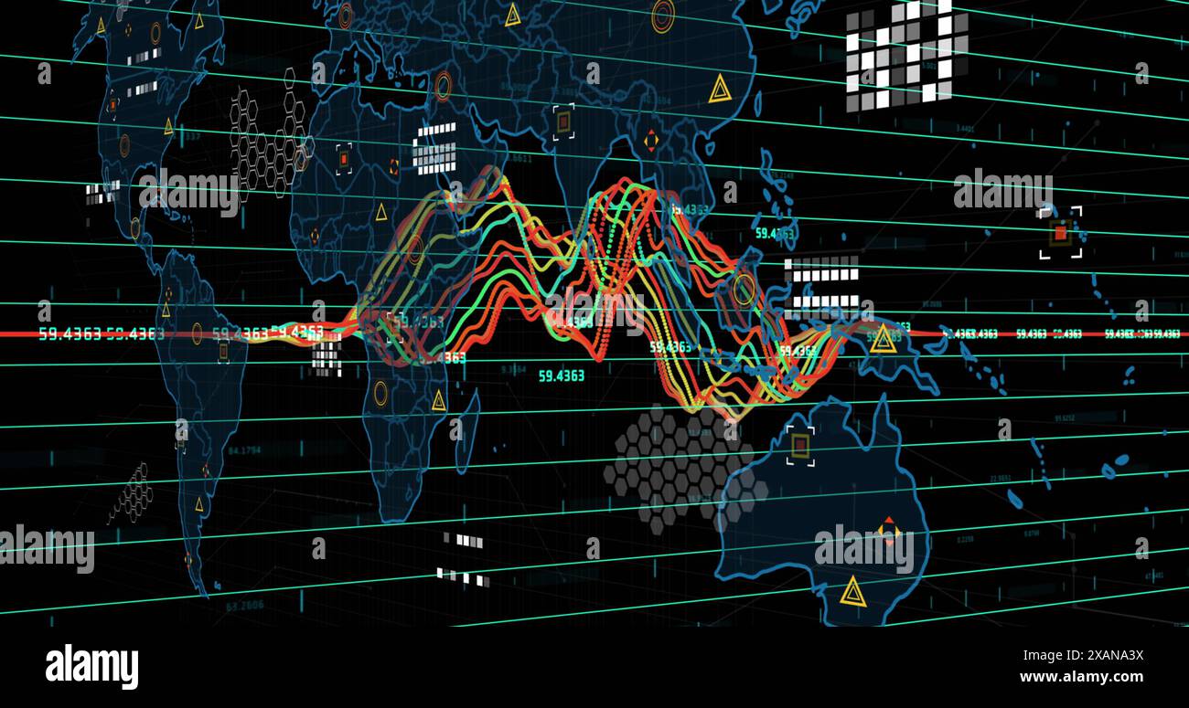 Image du traitement des données financières sur la carte du monde sur fond noir Banque D'Images
