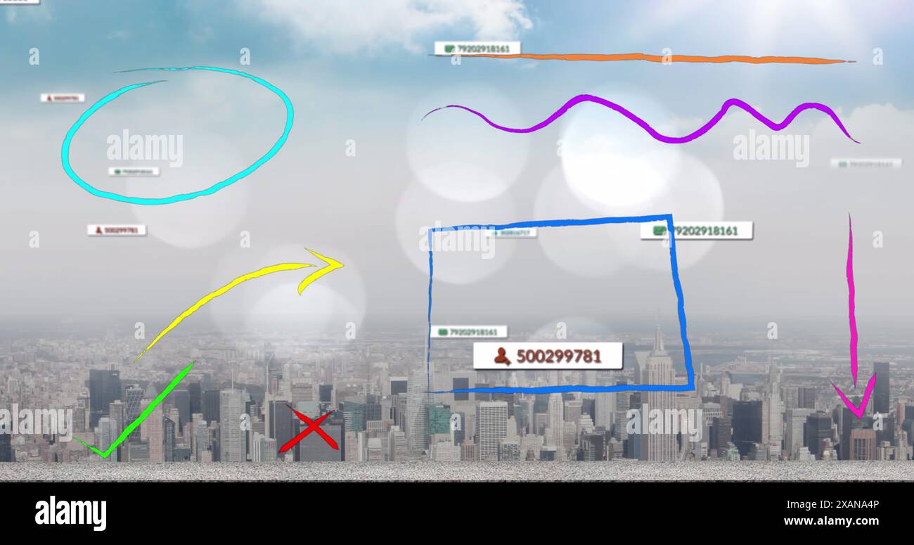 Des formes colorées abstraites et des icônes de concept de médias sociaux flottant contre la vue aérienne du paysage urbain Banque D'Images