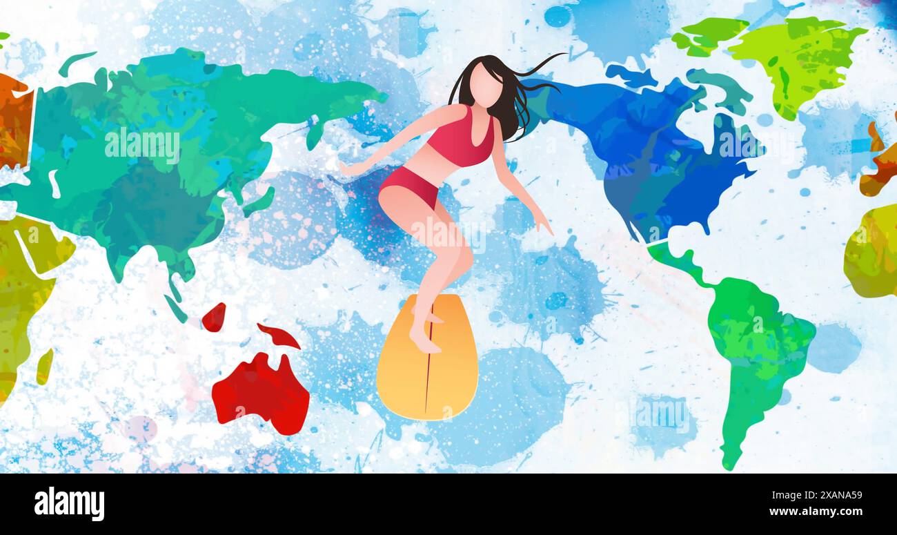 Image d'une femme de dessin animé surfant sur la carte du monde sur fond blanc avec des taches bleues Banque D'Images