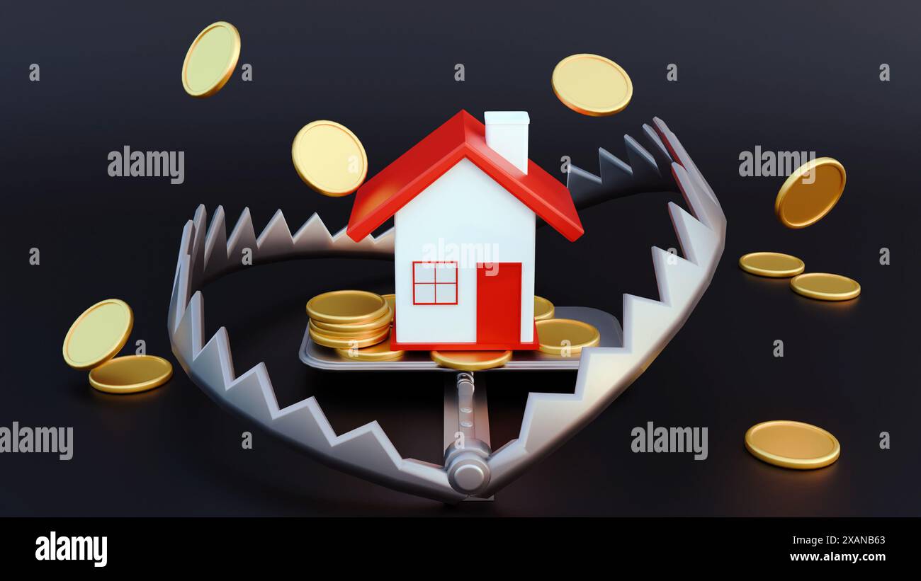 rendu 3d d'une maison isolée sur le dessus d'un piège avec pile de pièces d'or suggérant le risque dans l'immobilier dans le fond noir Banque D'Images