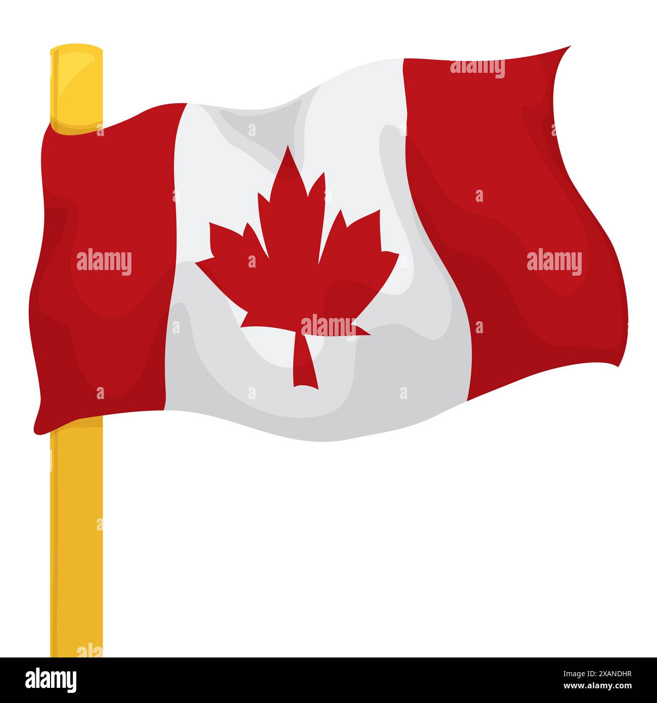 Brandissant le drapeau canadien hissé sur un mât de drapeau doré. Dessin animé sur fond blanc. Illustration de Vecteur