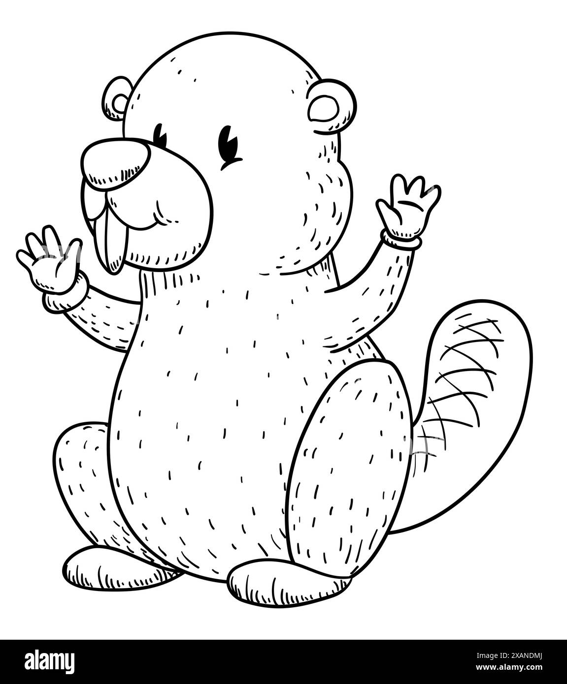 Dessin de castor avec les mains vers le haut et les gants. Design dans un style rétro et dessiné à la main. Illustration de Vecteur