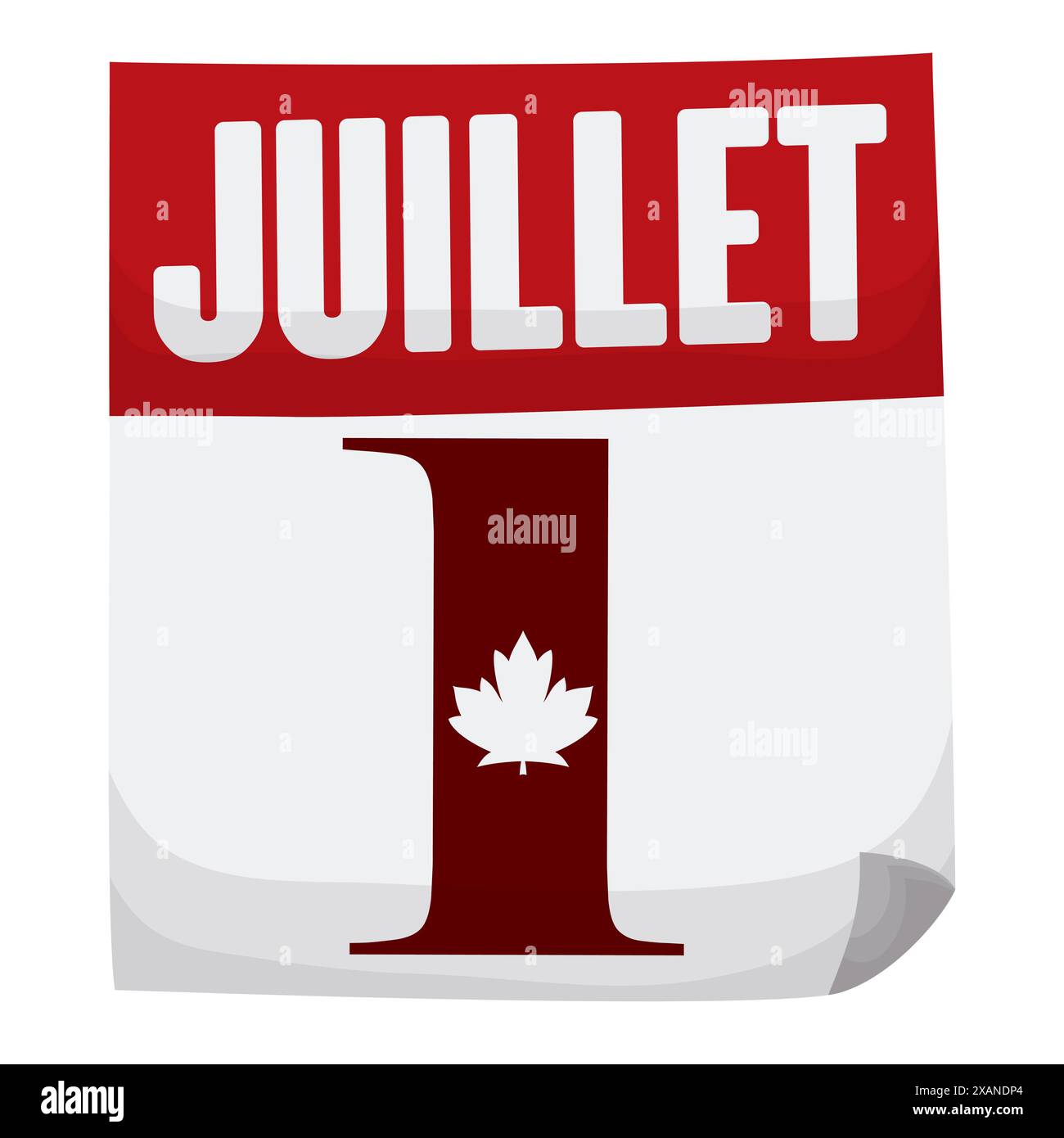 Calendrier à feuilles mobiles pour commémorer la fête du Canada avec une silhouette de feuille d'érable à la date : 1er juillet. Design isolé dans le style de dessin animé. Illustration de Vecteur